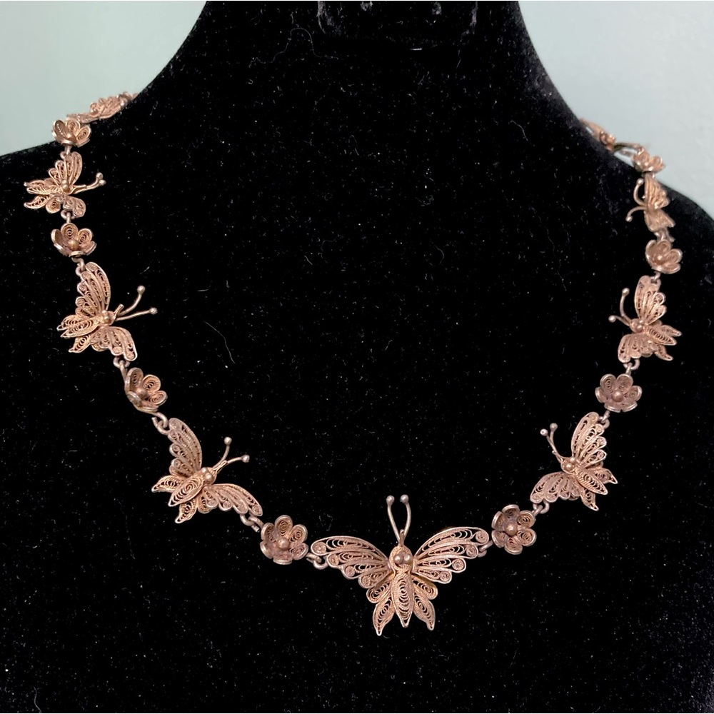 Antique Vintage Gold washed Silver Filigree Butterfly Flower Necklace 17"